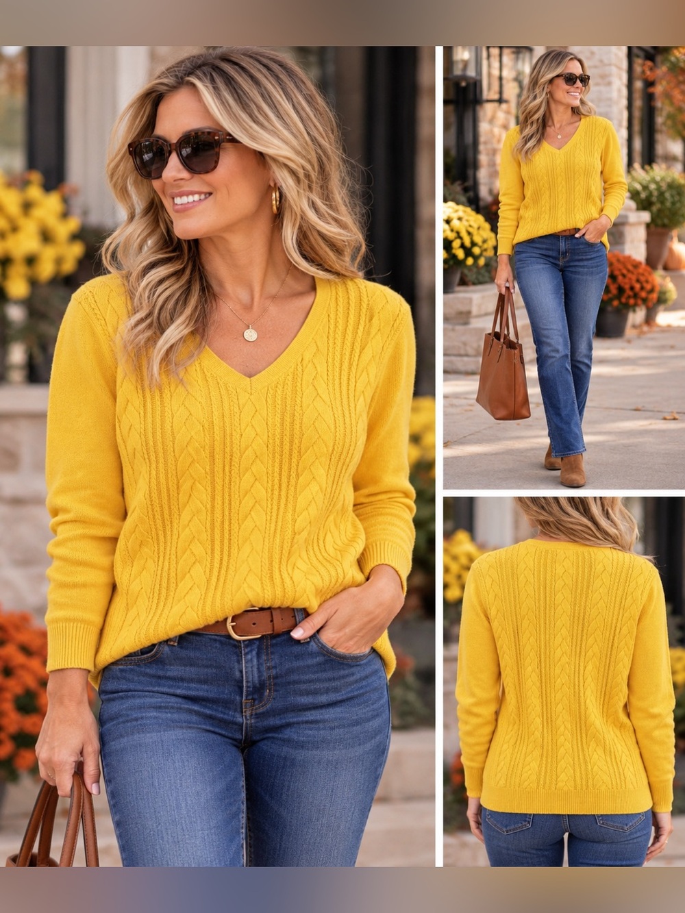 Talbots Goldenrod Yellow 100% Cotton Cable Knit V-Neck Sweater Large Preppy Fall